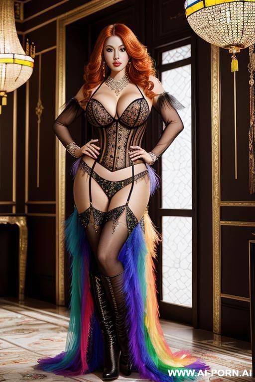 chinese, rainbow feather studed bright diamond transparent corset，feather tutu skirt， mesh robe， rainbow sequin bra ,necklace，rainbow large pointed thigh-high boots - #main