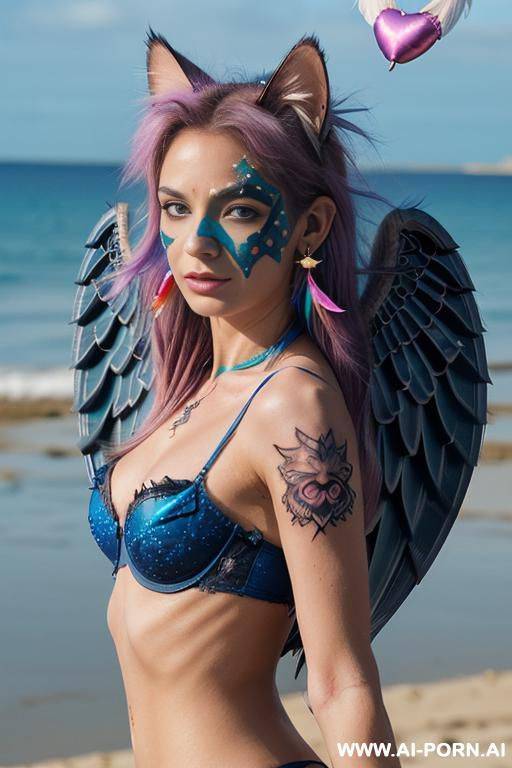 face, sexy, beautiful, ((face painting)), ((bikini as seashell)), ((eyes shw)), ((angel wings)), ((rainbow hair)), ((sexy expression)), ((long bu hair)), ((wind)), (( cat face)), (( cat ears)), - #main