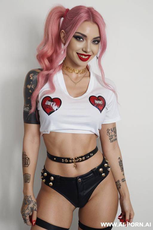 a photorealistic image of a fit and beautiful, she had a determined look on her face, big smile, wide hips. a fair-skinned woman with blonde hair styled in high tails, dyed blue on one - #main