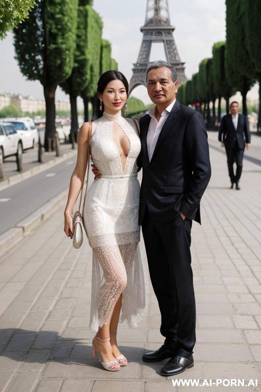 july. an uzbek couple is traveling around paris. full length view. comfortable and light clog for tourists. - #main