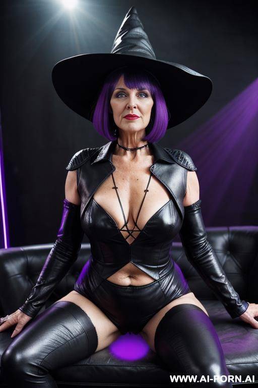 (old milf ugly drunked woman), ((very old ugly all in view)), full body, ((large big saggy gigantic boobs)), old woman in leather witch dress, licking, enjoying promiscuity, showing ass hole, a - #main