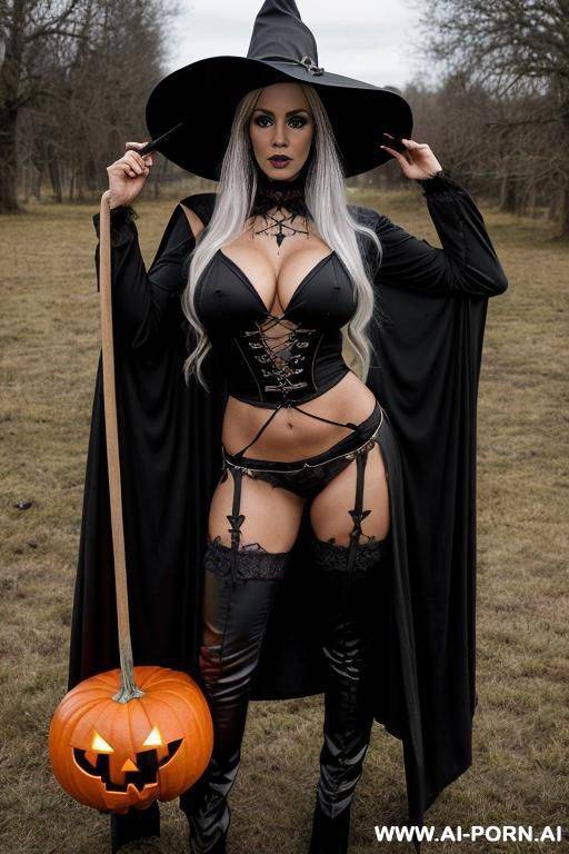 babe pornstar milf, long wavey blonde hair, full body view, ((keep face)) ((keep body)), halloween night, in backyard, halloween theme background, - #main
