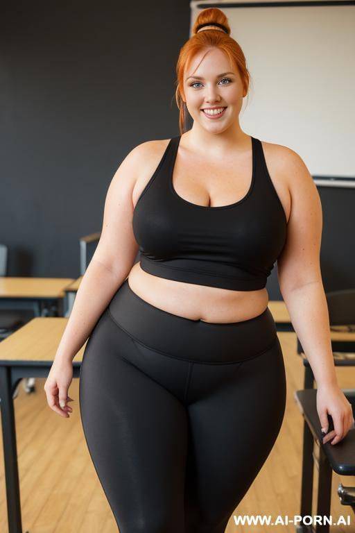 full body photo shot, about at classroom, very thick fat bbw curvy with love handless and tummy, wearing a hot yoga pants. - #main