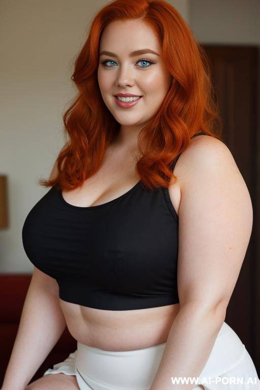 hlaf body photo shop close up, redhead bbw, chubby and very fat, thick, breasts, dimples, voluptuous shaped, wide hips, thick thighs, chubby, hair, slicked back hair, large forehead, black tank top, bra, areola, ruffle microskirt. - #main