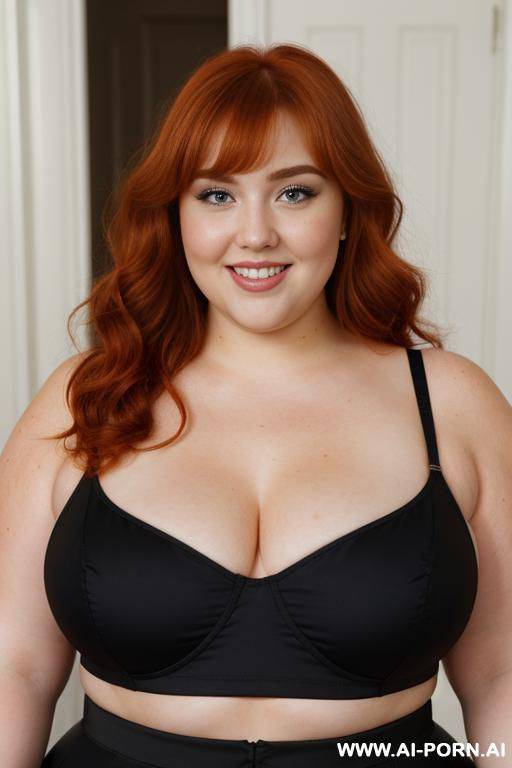 redhead bbw, chubby and very fat, thick, breasts, dimples, voluptuous shaped, wide hips, thick thighs, chubby, hair, s, slicked back hair, large forehead, black tank top, bra, areola, ruffle microskirt, fully clothed, city - #main