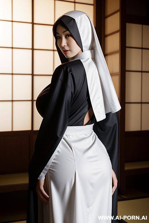japanese, dressed in nun, big breasts, big ass, from behind, beckoning face, half nakee - #main