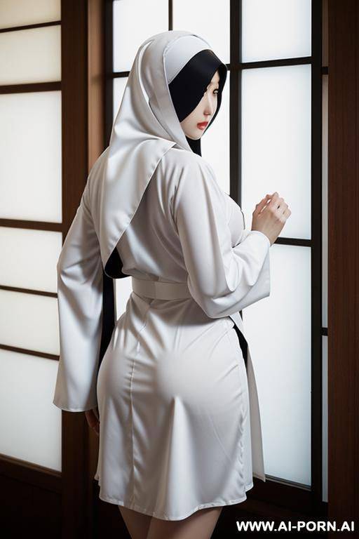japanese, dressed in nun, big breasts, big ass, from behind, snide face, half naked - #main