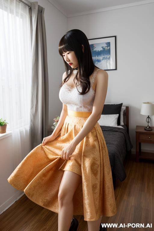 chinese woman, in canada apartment, summer dress, ((lifting skirt)) , shocked, looking at viewer, ((hairy pussy)), showing pussy - #main