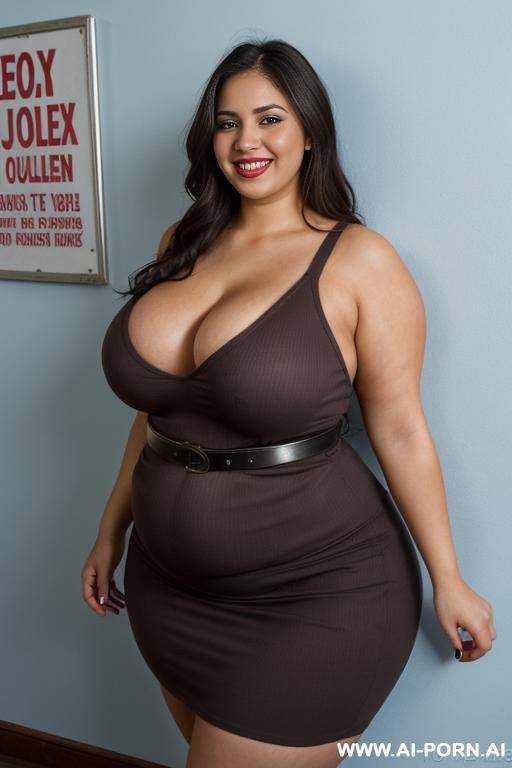 latina, pushing vacuum, tight sundress, plumped up, she’s touching her belly, licking her lips, sign on wall says “sealed” - #main