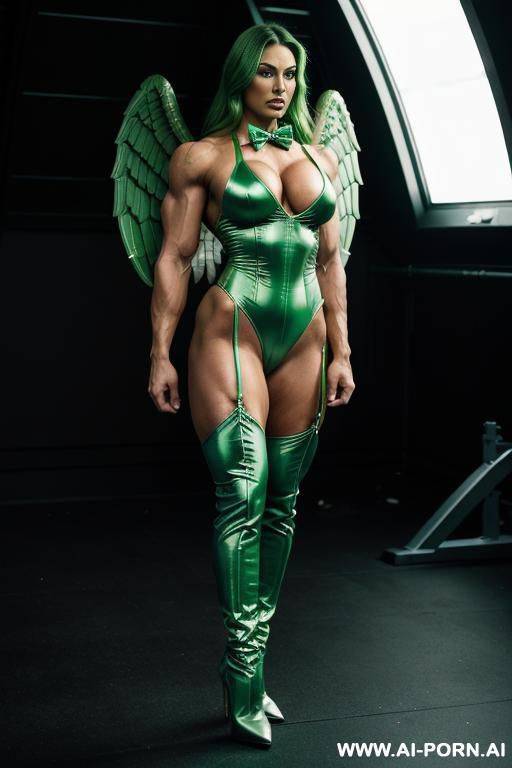 green skin colour, green face, green body, muscular female, ufo, beautifull face, dark-green lipstick, elf, ufo, bow tie, ufo green skin, ufo sexy mutant - #main
