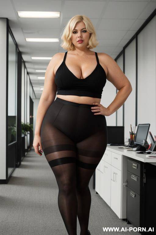 mature chubby woman, full body, standing, short platinum hair, advanced age, triangular hips, thick thighs, wearing black tights, wide black pants, office. - #main