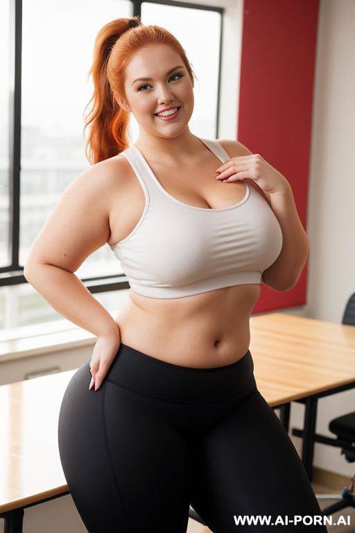 half body photo shot, about at classroom, very thick fat bbw curvy with love handless and tummy, wearing a hot yoga pants. - #main