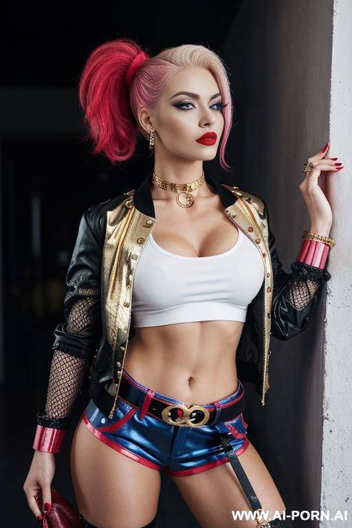 a fair-skinned woman with blonde hair styled in high tails, dyed blue on one side and pink on the other, is the central focus of the image. she has dark eyeliner, red lipstick, and a - #main