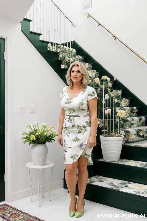 mature and chubby woman, full body, standing, short choppy blonde platinum hair, advanced age, (((white dress with a green floral print))), she is wearing a white dress with a green floral - #main