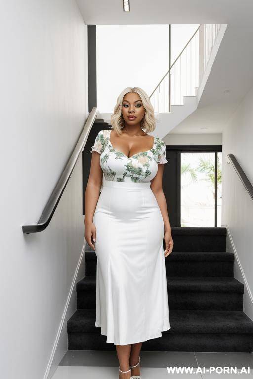 face, mature and chubby woman, full body, standing, short choppy blonde platinum hair, advanced age, (((white dress))), she is wearing a white dress with a green floral print. it has short - #main