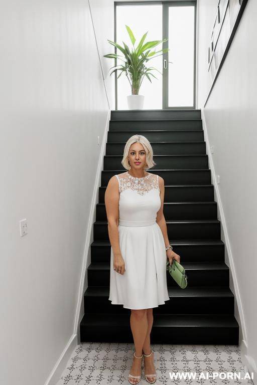 mature and chubby woman, full body, standing, short choppy blonde platinum hair, advanced age, (((white dress))), she is wearing a white dress with a green floral print. it has short puffed - #main