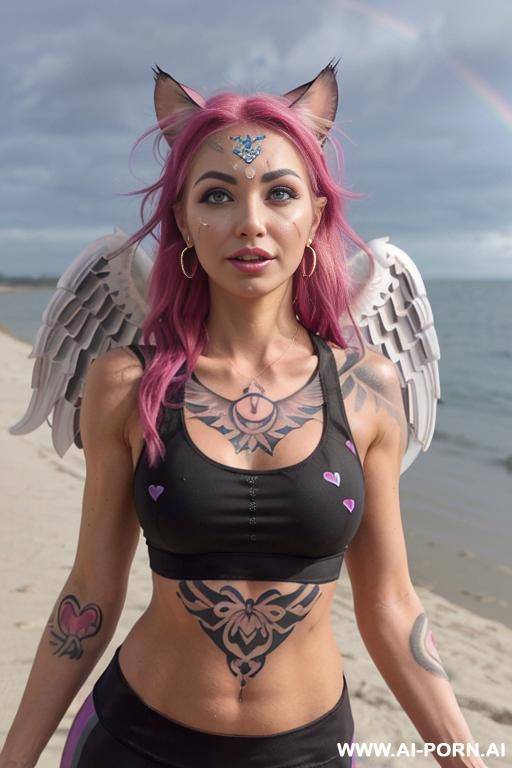 face, sexy, beautiful, ((face painting)), ((bikini as seashell)), ((eyes shw)), ((angel wings)), ((rainbow hair)), ((sexy expression)), ((long bu hair)), ((wind)), (( cat face)), (( cat ears)), - #main