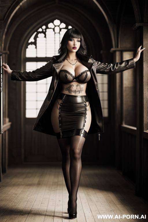 no tattoos. heavy makeup. draw boobs bigger.fased business jacket, huge, colossal cleavage, draw boobs even bigger. dark lipstick. draw boobs bigger so jacket gapes more. no, no bare boobs. keep jacket, draw leather pencil skirt. draw boobs even bigger. - #main
