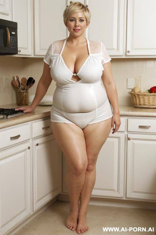 mature chubby woman, full body, standing, triangular hips, thick thighs, elderly, blonde hair, wearing white micro basket in kitchen - #main