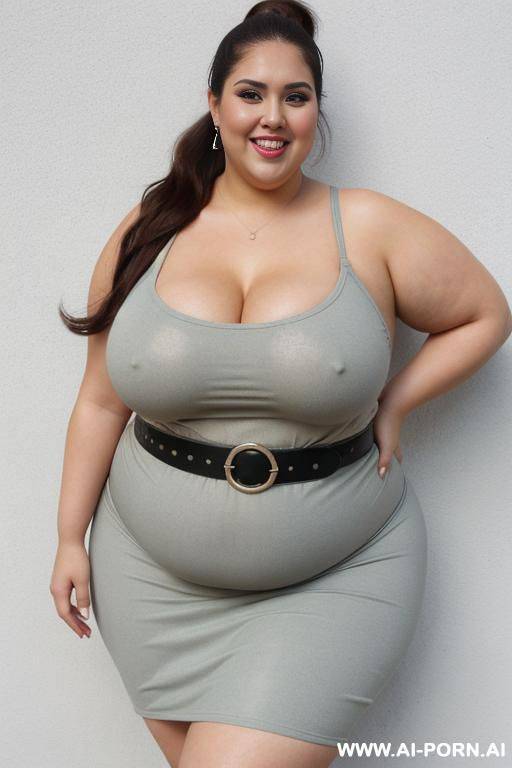 latina, pushing vacuum, tight sundress, plumped up, she’s touching her belly, licking her lips, sign on wall says “sealed”, ssbbw, rotund - #main