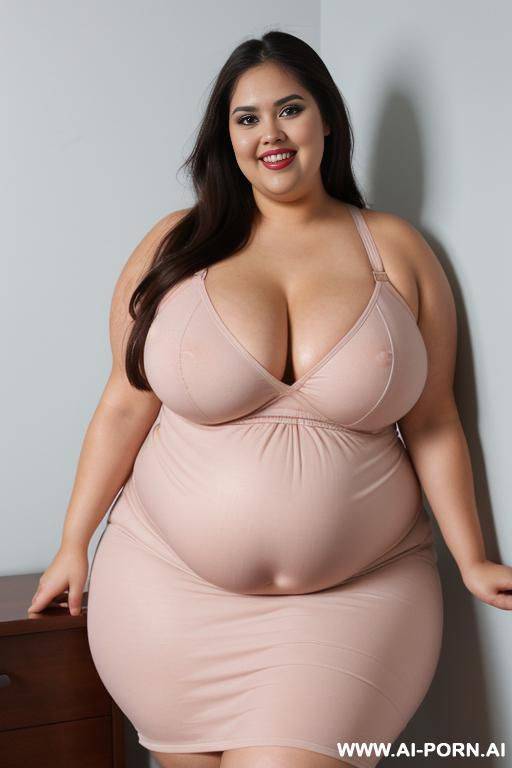 latina, pushing vacuum, tight sundress, plumped up, she’s touching her belly, licking her lips, sign on wall says “sealed”, ssbbw, rotund, - #main