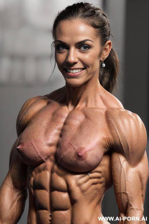 ((most muscular color photo of a nude beautiful short white strong buff sinewy steroid bodybuilder ifbb woman crail)), ((((big bright eyes)))), ponytail, (stronger massive shoulders), ((extremely thick - #main