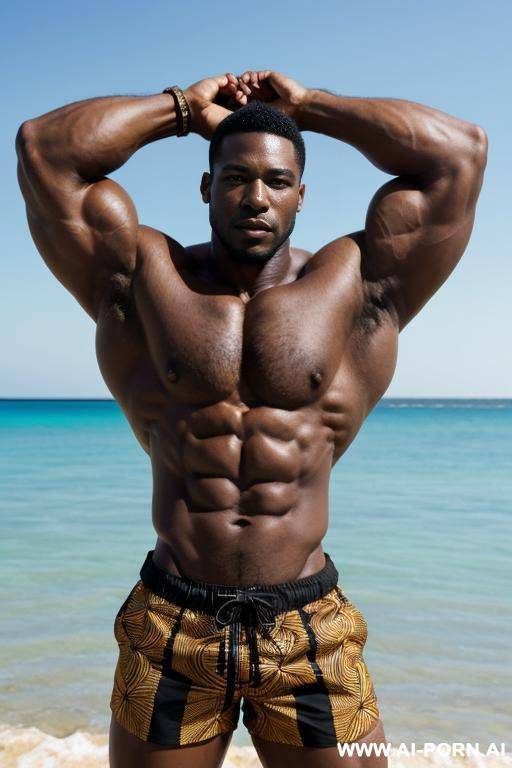 3 african male, muscular, unbuttoned shirt, black swim shorts, flexing muscle, 300lbs, proud face, short black hair, bulging crotch, at the beach, midday, dynamic view - #main