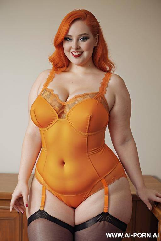 half body photo shot, about at classroom, fat ((very obese)) bbw curvy redhead ((goth)) teacher, wearing a sexy and hot goth lace stocking lingeries, she has the most bnatural body - #main