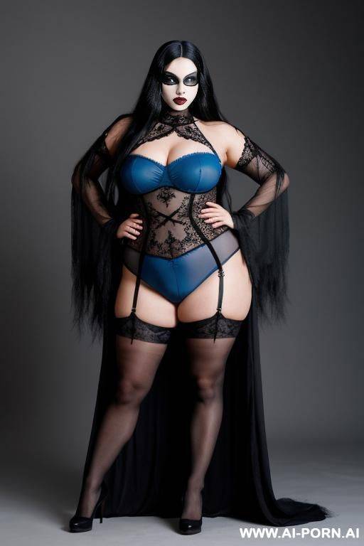 fat, goth woman, masked, black long hair, blue eyes, full body - #main