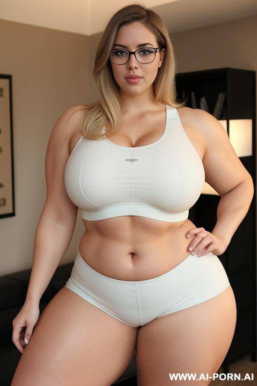 (thick rimmed glasses) (sports bra), massive thighs, gigantic thighs, obese thighs, muscled bulked up thighs, huge thighs, strong thighs, thick thighs - #main