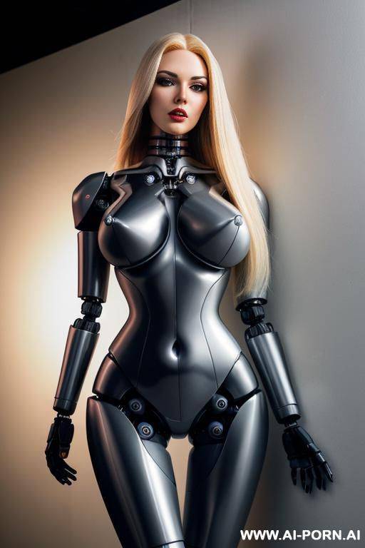 robot, front view, full body view, leaning back against wall, looking at viewer, angry face, open mouth, shouting, beautiful, long straight blonde hair, big lips, wide jaw, heavy makeup, silicone - #main