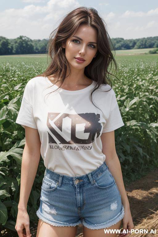 beautiful, realistic, hungarian, 30, messy hair, dark brown hair, very white skin, athletic body, slight smile, makeup, blusher, eye shw, standing, spreading legs, t-shirt, jean shorts, farm background. - #main