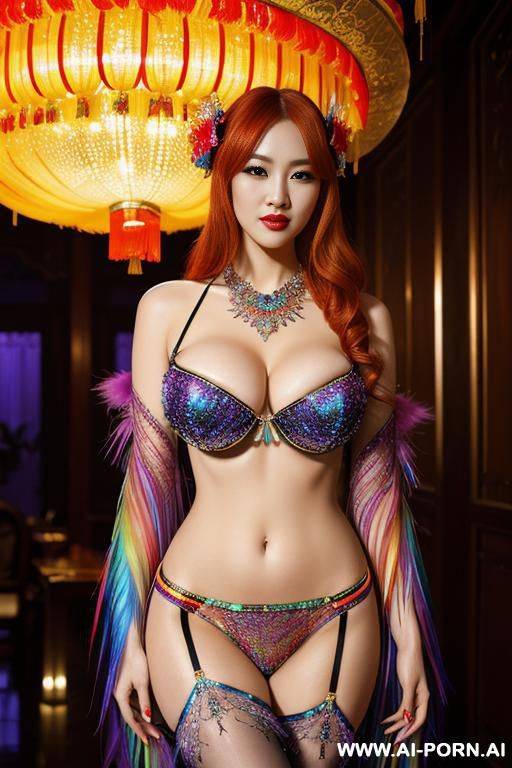 chinese, rainbow flowers feather studed bright sequin transparent corset，feather tutu skirt， mesh robe， rainbow sequin bra ,necklace，rainbow large pointed thigh-high boots - #main
