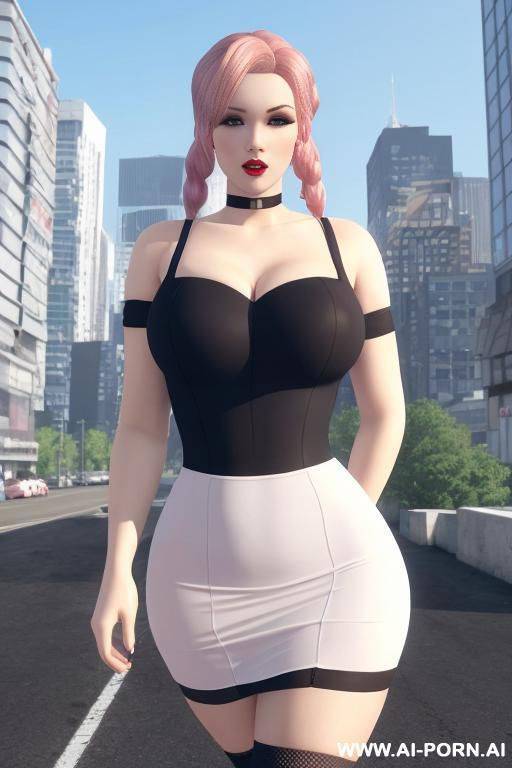 ((giantess)), ((giantess)), ((giantess)), ((giantess)), ((giantess)), (walking in the middle city street) long socks ,white top, (roofs of buildings at the back ground) - #main