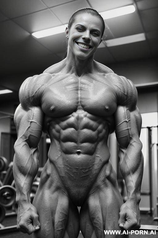 ((most muscular color photo of a nude beautiful short white strong buff sinewy steroid bodybuilder ifbb woman sarahc)), ((((big bright eyes)))), (long ponytail), (stronger massive shoulders), ((extremely - #main