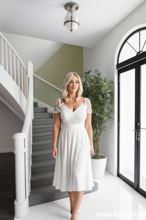 face, mature and chubby woman, full body, standing, short choppy blonde platinum hair, advanced age, (((white dress))), she is wearing a white dress with a green floral print. it has short - #main