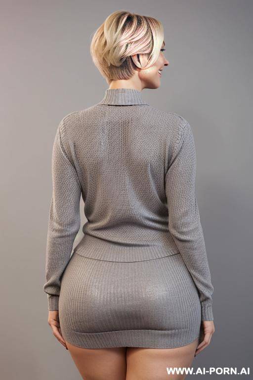 back view, mature woman, full body, standing, triangular hips, thick thighs, elderly, blonde hair, smile, gray long-sleeved blouse, sweater, office - #main