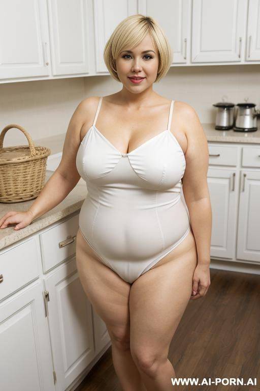 mature chubby woman, full body, standing, triangular hips, thick thighs, elderly, blonde hair, wearing white micro basket in kitchen - #main