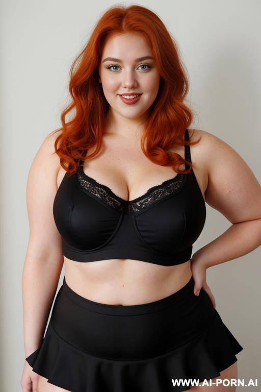 redhead bbw, chubby and very fat, thick, breasts, dimples, voluptuous shaped, wide hips, thick thighs, chubby, hair, s, slicked back hair, large forehead, black tank top, bra, areola, ruffle microskirt, fully clothed, city - #main