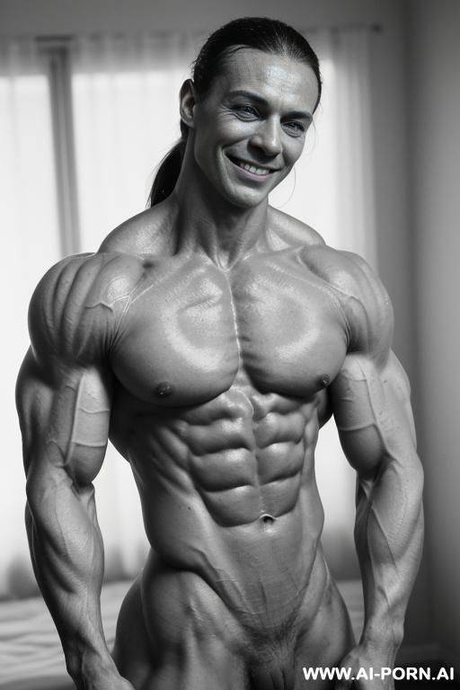 ((most muscular color photo of a nude finnish beautiful short strong buff sinewy steroid bodybuilder ifbb woman)), ((beautiful womans face with high cheekbones)), (((big bright eyes))), ((erotic eye - #main