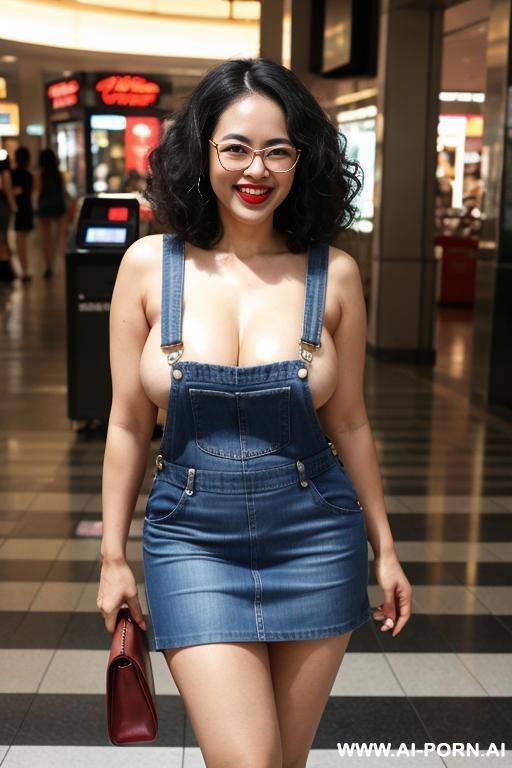 thai woman, curly bob hair, glasses, fair skin, red lips, laughing, big breasts, big butt, plump, naked, standing, undressed, denim overalls, short skirt, flash breasts, flash pussy, nipples, mall, escalator, thailand - #main