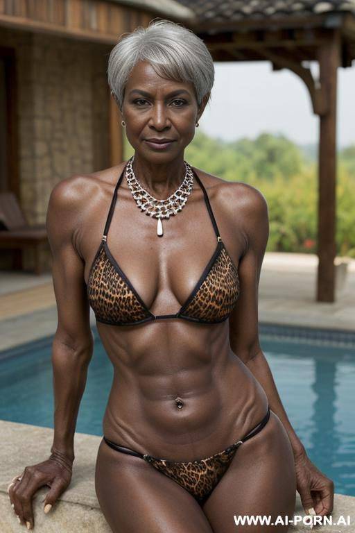 ebony matured old milf, wrinkles, wrinkled skin, aging marks, extremely tanned skin, extremely saggy boobs, animal print hooker bikini, necklace, elries, perfect eyes, waist shot, swimming pool - #main