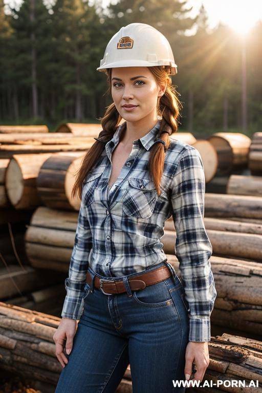 woods, lumber, lumber mill, jeans, work, work boots, button up shirt, plaid shirt, hard hat, axe, open shirt to show boobs - #main
