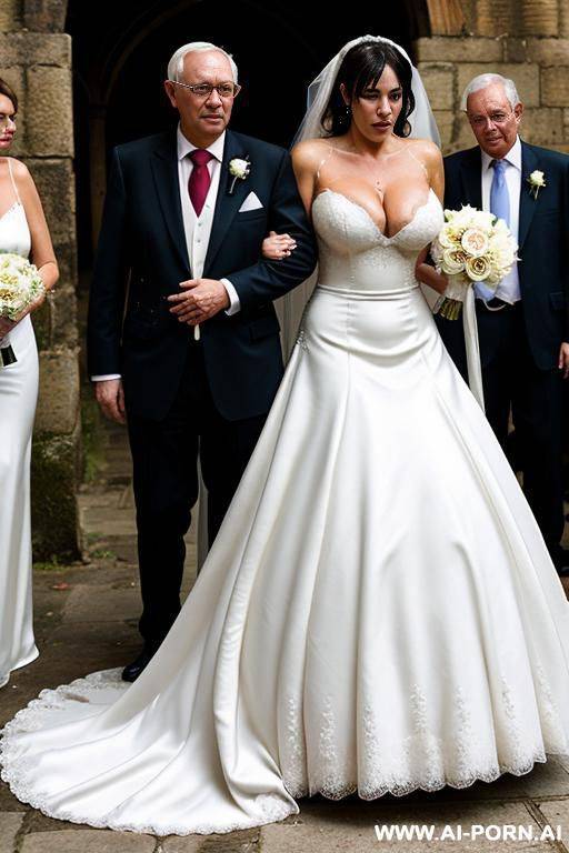 church gate, wedding dress, showing boobs, face stained with condensed milk, surrounded by old suited people - #main