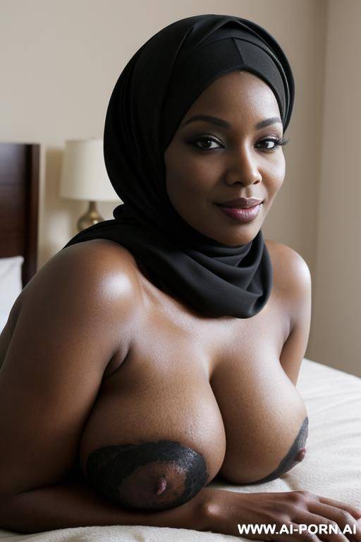 curvy black woman, gigantic massive oversized breasts, black hijab that covers her body, happy horny seductive smirk, sleepy eyes, kneeling on bed, bending over, show boobs, eye contact, side view - #main
