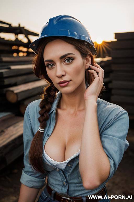 woods, lumber, lumber mill, jeans, work, work boots, button up shirt, plaid shirt, hard hat, axe, open shirt to show boobs - #main