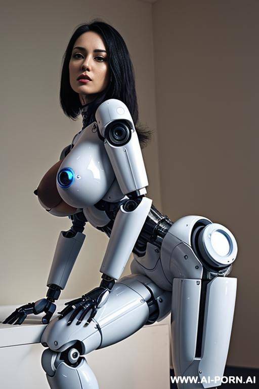 beautiful realistic (( taur-women fully robotic body standing four legs)), detaleid face, skin in latex white and skyblue color, covered to latex, to boots, to beautiful robotic hand hd image quality, ((no background)). - #main