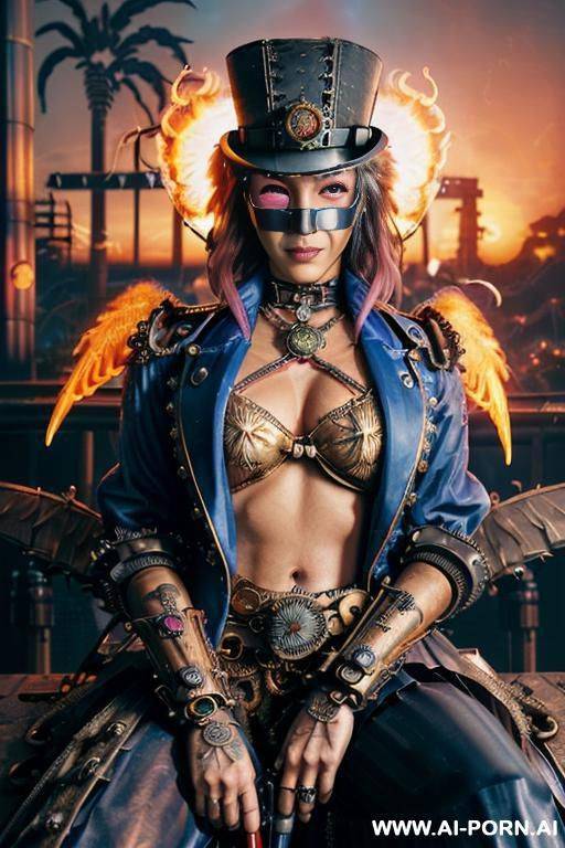 ((((masterpiece)))), (((woman sitting))), (glowing red eyes), (long blue purple and white hair with a flower), ((crop top white collar shirt with red tie)), ((((flaming angel wing)))), ((navy formal - #main
