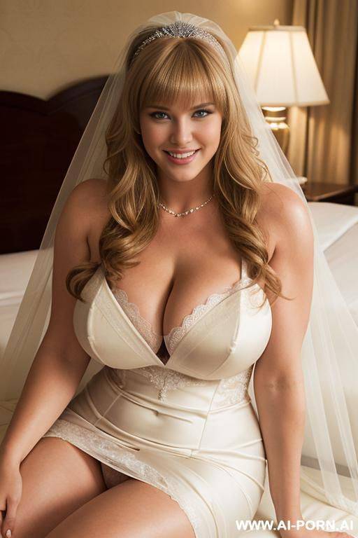 tall, voluptuous, 20 year old caucasian supermodel, smiling, ((massive breasts)), ((thick arm muscles)), long blonde hair with bangs, sitting in a hotel room, wearing bridal gown and veil, showing cleavage - #main