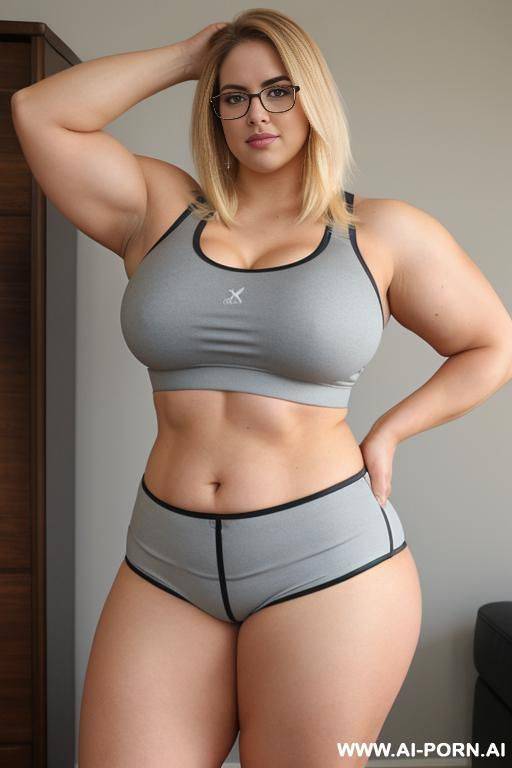 (thick rimmed glasses) (sports bra), massive thighs, gigantic thighs, obese thighs, muscled bulked up thighs, huge thighs, strong thighs, thick thighs - #main